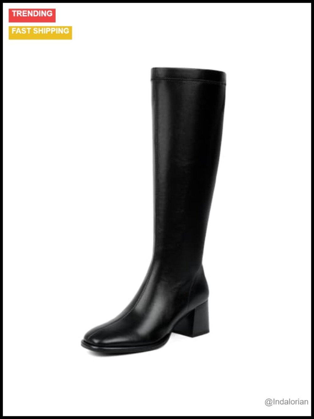 Knee High Boots Stretchy Faux Leather Chunky Heel Square Toe Tall Boots